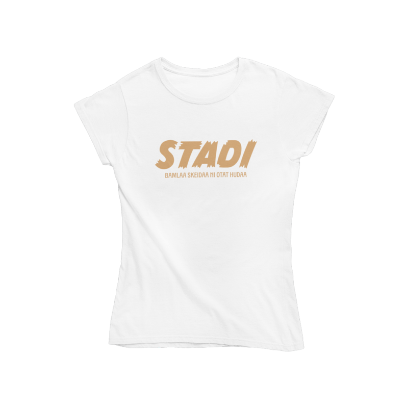Jauha skeidaa, niin saat pataan. Valkoinen Stadi-aiheinen naisten T-paita, pehmeä ja laadukas puuvilla. Huumoripaita jossa yhdistyy vastuullisuus ja kestävä kehitys.