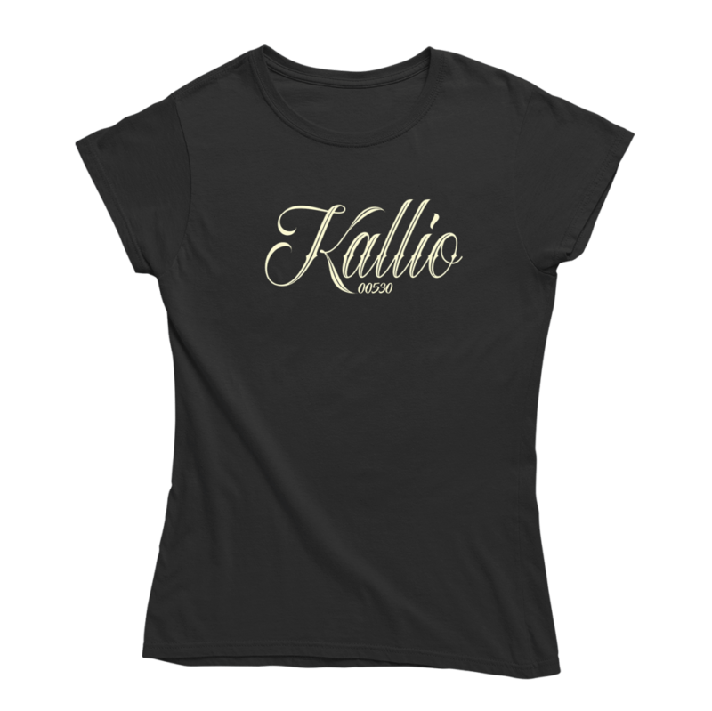 Helsingin Kallio, the place to be. Musta Kallio-aiheinen naisten Kallio T-paita, pehmeä ja laadukas puuvilla. Kallio paita jossa yhdistyy vastuullisuus ja kestävä kehitys.