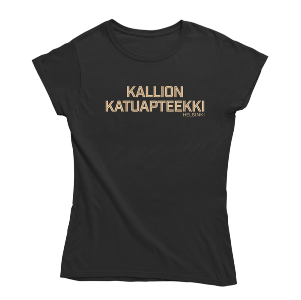 Kalliossa palvelu pelaa! Musta Kallio-aiheinen naisten Kallio T-paita, pehmeä ja laadukas puuvilla. Kallio paita jossa yhdistyy vastuullisuus ja kestävä kehitys.