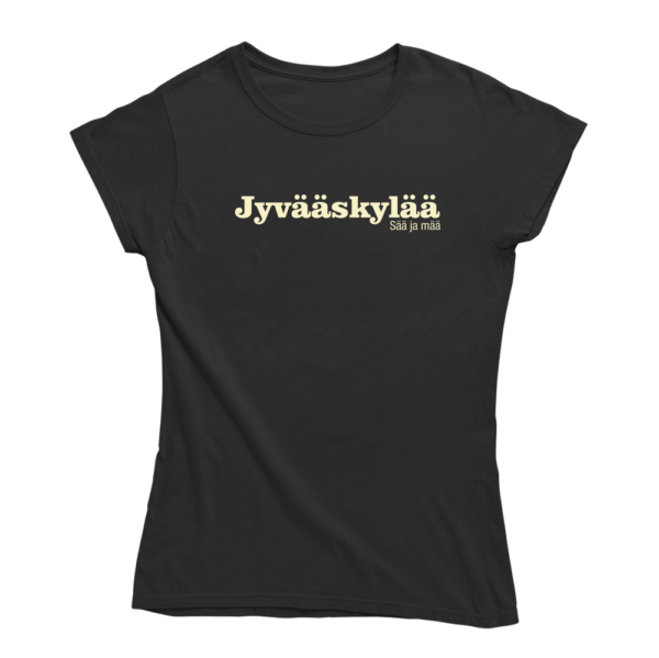 Jyväskylän murteella kohti uusia pettymyksiä. Musta Jyväskylä-aiheinen naisten T-paita, pehmeä ja laadukas puuvilla. Huumoripaita jossa yhdistyy vastuullisuus ja kestävä kehitys.