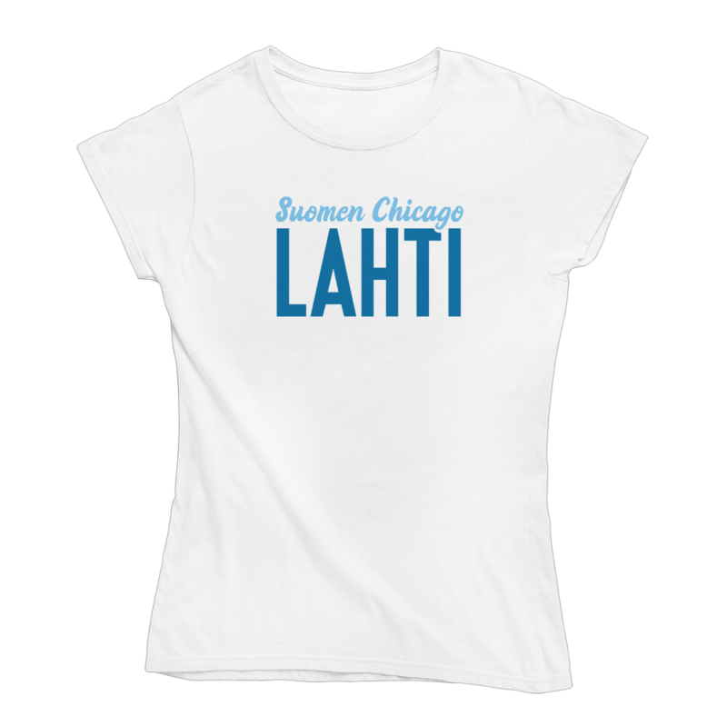 Lahdessa paukkuu! Valkoinen Lahti-aiheinen naisten T-paita, pehmeä ja laadukas puuvilla. Huumoripaita jossa yhdistyy vastuullisuus ja kestävä kehitys.