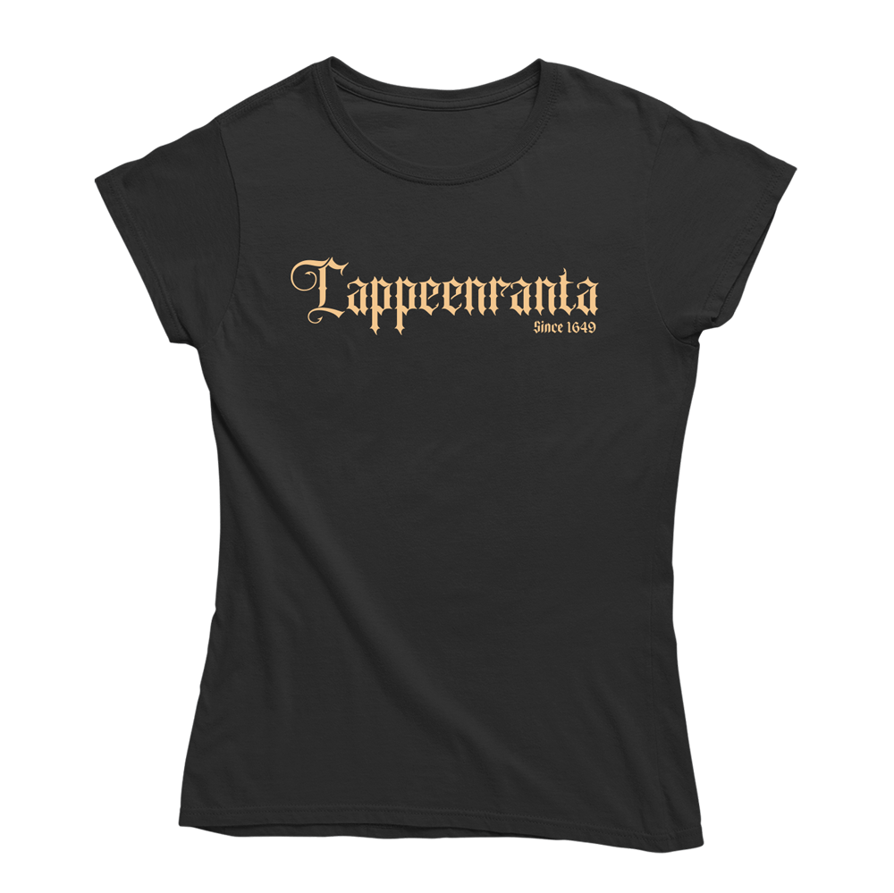 Vaka wanha Lappeenranta. Musta Lappeenranta-aiheinen naisten T-paita, pehmeä ja laadukas puuvilla. Huumoripaita jossa yhdistyy vastuullisuus ja kestävä kehitys.