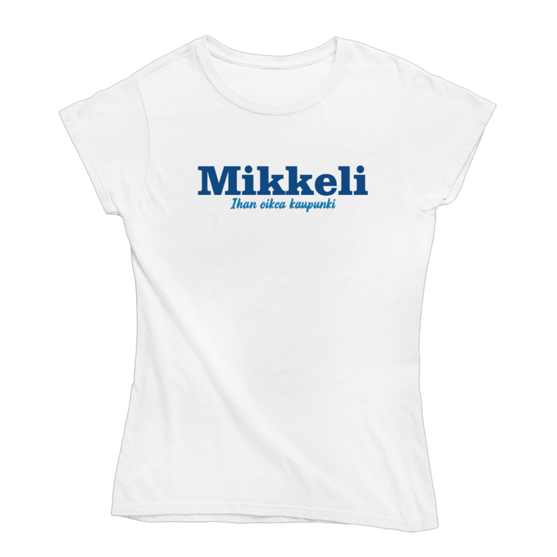 Uskomme Mikkeliin. Valkoinen Mikkeli-aiheinen naisten T-paita, pehmeä ja laadukas puuvilla. Huumoripaita jossa yhdistyy vastuullisuus ja kestävä kehitys.