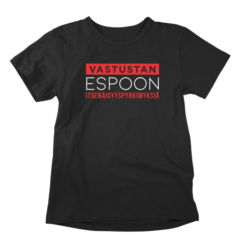 Espoon itsenäisyyspyrkimykset on estettävä! Musta Espoo-aiheinen miesten T-paita painatuksella, teemana asenne ja huumori. Pehmeä kampapuuvilla tuo mukavuutta arkeen. Sopii myös naisille, eli ns. Unisex paita.