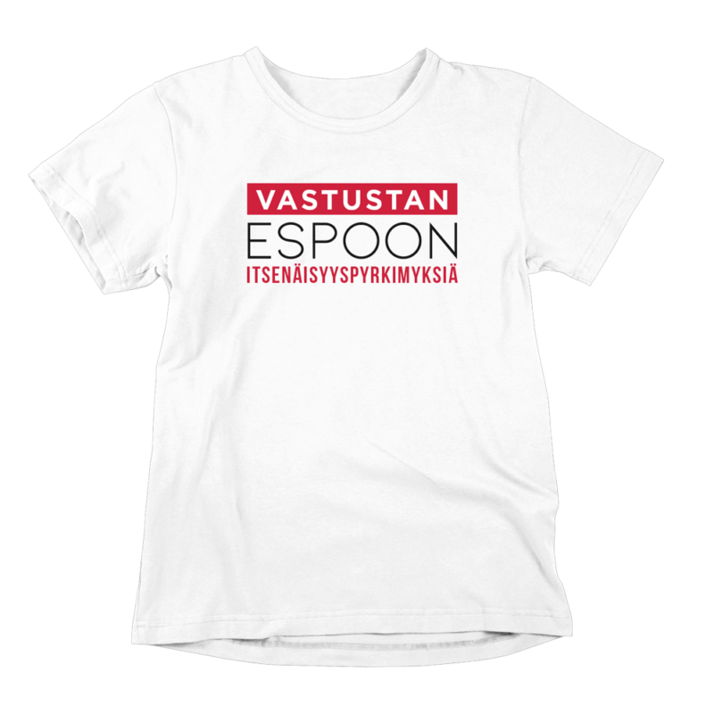Espoon itsenäisyyspyrkimykset on estettävä! Valkoinen Espoo-aiheinen miesten T-paita painatuksella, teemana asenne ja huumori. Pehmeä kampapuuvilla tuo mukavuutta arkeen. Sopii myös naisille, eli ns. Unisex paita.