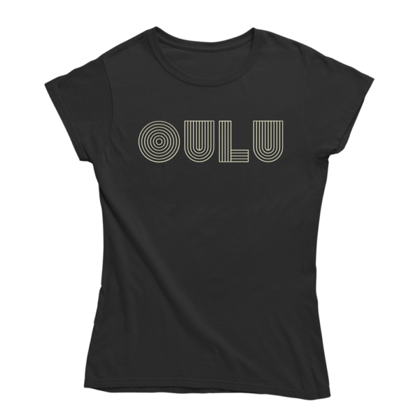 Oulua rinnassa. Musta Oulu-aiheinen naisten Oulu T-paita, pehmeä ja laadukas puuvilla. Oulu paita jossa yhdistyy vastuullisuus ja kestävä kehitys.