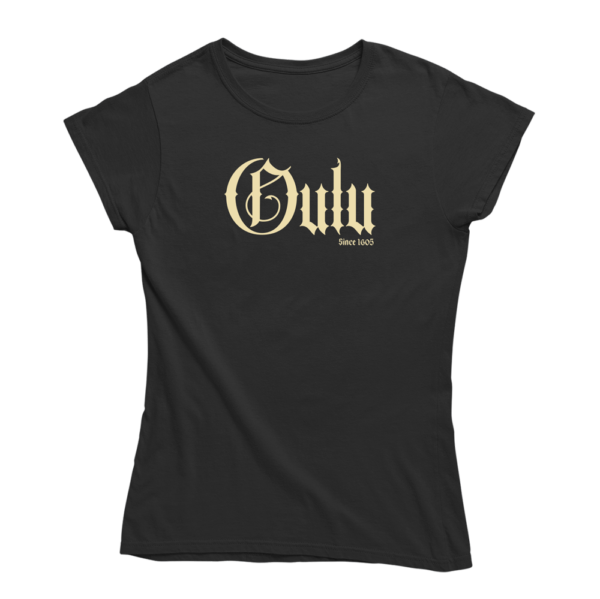 Historiallinen Oulu. Musta Oulu-aiheinen naisten Oulu T-paita, pehmeä ja laadukas puuvilla. Oulu paita jossa yhdistyy vastuullisuus ja kestävä kehitys.