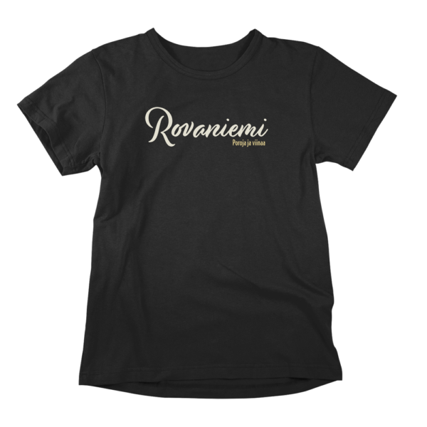 Sekaisin Rovaniemestä. Musta Rovaniemi-aiheinen miesten Rovaniemi T-paita painatuksella, teemana asenne ja huumori. Pehmeä kampapuuvilla tuo mukavuutta arkeen. Sopii myös naisille, eli ns. Unisex Rovaniemi paita.