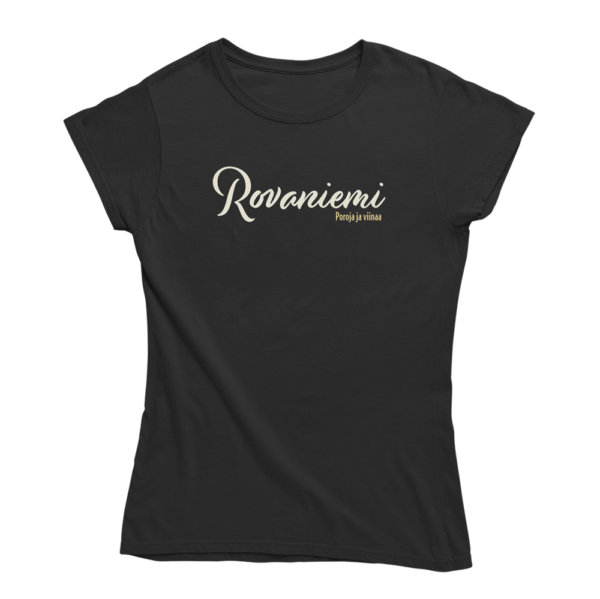 Sekaisin Rovaniemestä. Musta Rovaniemi-aiheinen naisten Rovaniemi T-paita, pehmeä ja laadukas puuvilla. Rovaniemi paita jossa yhdistyy vastuullisuus ja kestävä kehitys.