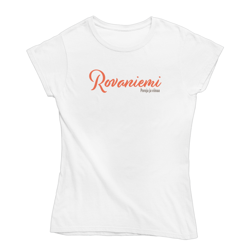 Sekaisin Rovaniemestä. Valkoinen Rovaniemi-aiheinen naisten Rovaniemi T-paita, pehmeä ja laadukas puuvilla. Rovaniemi paita jossa yhdistyy vastuullisuus ja kestävä kehitys.