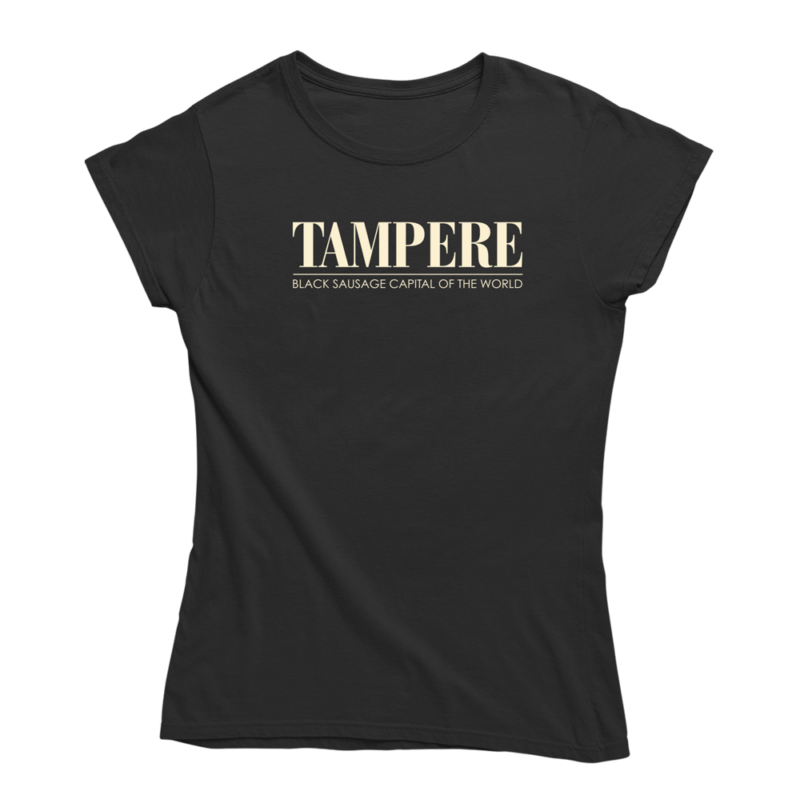 Mustaa makkaraa väärään kurkkuun. Musta Tampere-aiheinen naisten Tampere T-paita, pehmeä ja laadukas puuvilla. Tampere paita jossa yhdistyy vastuullisuus ja kestävä kehitys.
