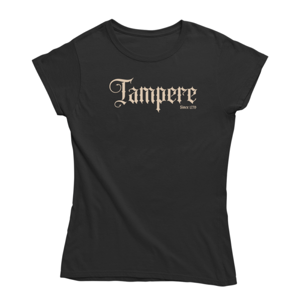 Wanha ja leppoisa Tampere. Musta Tampere-aiheinen naisten Tampere T-paita, pehmeä ja laadukas puuvilla. Tampere paita jossa yhdistyy vastuullisuus ja kestävä kehitys.