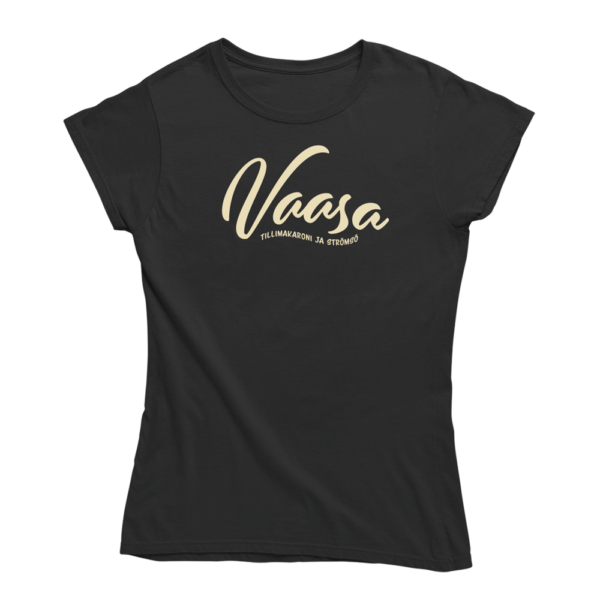 Vaasa maailmankartalle! Musta Vaasa-aiheinen naisten T-paita, pehmeä ja laadukas puuvilla. Huumoripaita jossa yhdistyy vastuullisuus ja kestävä kehitys.