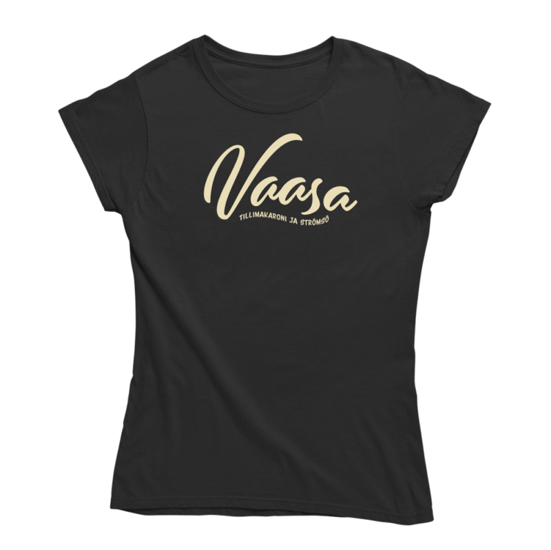 Vaasa maailmankartalle! Musta Vaasa-aiheinen naisten T-paita, pehmeä ja laadukas puuvilla. Huumoripaita jossa yhdistyy vastuullisuus ja kestävä kehitys.