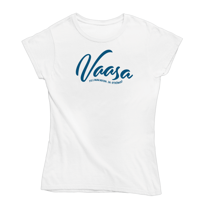 Vaasa maailmankartalle! Valkoinen Vaasa-aiheinen naisten T-paita, pehmeä ja laadukas puuvilla. Huumoripaita jossa yhdistyy vastuullisuus ja kestävä kehitys.