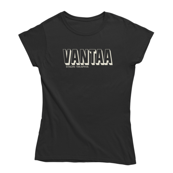 Vantaa löytyy tuolta takaa. Musta Vantaa-aiheinen naisten T-paita, pehmeä ja laadukas puuvilla. Huumoripaita jossa yhdistyy vastuullisuus ja kestävä kehitys.