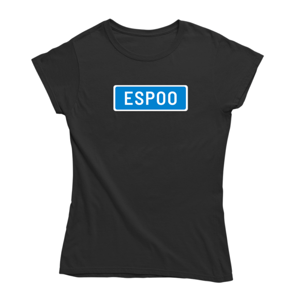 Kaikki tiet vievät Espooseen. Musta Espoo-aiheinen naisten T-paita, pehmeä ja laadukas puuvilla. Huumoripaita jossa yhdistyy vastuullisuus ja kestävä kehitys.