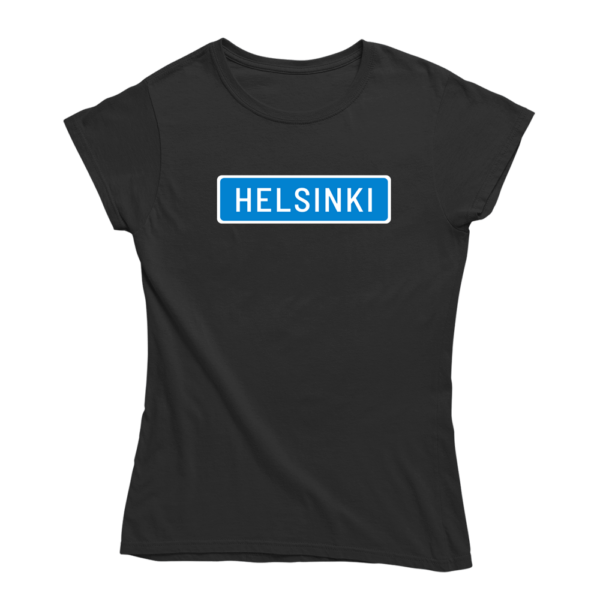 Kaikki tiet vievät Helsinkiin. Musta Helsinki-aiheinen naisten Helsinki T-paita, pehmeä ja laadukas puuvilla. Huumoripaita jossa yhdistyy vastuullisuus ja kestävä kehitys.