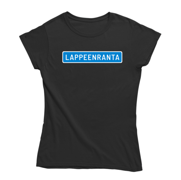Kaikki tiet vievät Lappeenrantaan. Musta Lappeenranta-aiheinen naisten T-paita, pehmeä ja laadukas puuvilla. Huumoripaita jossa yhdistyy vastuullisuus ja kestävä kehitys.