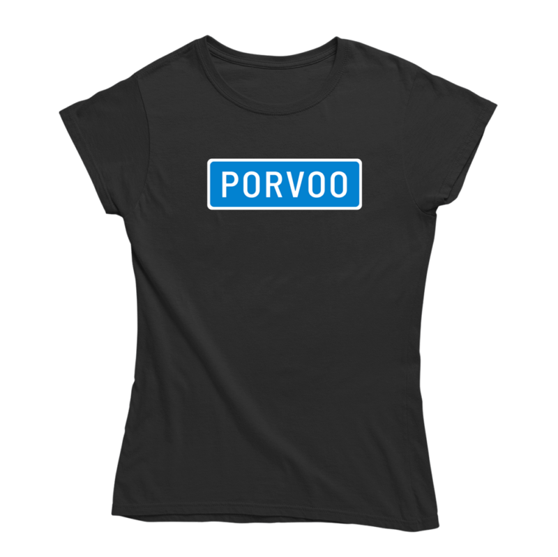 Kaikki tiet vievät Porvooseen. Musta Porvoo-aiheinen naisten Porvoo T-paita, pehmeä ja laadukas puuvilla. Huumoripaita jossa yhdistyy vastuullisuus ja kestävä kehitys.
