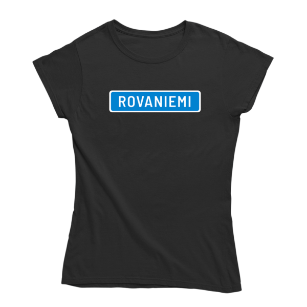 Kaikki tiet vievät Rovaniemelle. Musta Rovaniemi-aiheinen naisten Rovaniemi T-paita, pehmeä ja laadukas puuvilla. Huumoripaita jossa yhdistyy vastuullisuus ja kestävä kehitys.