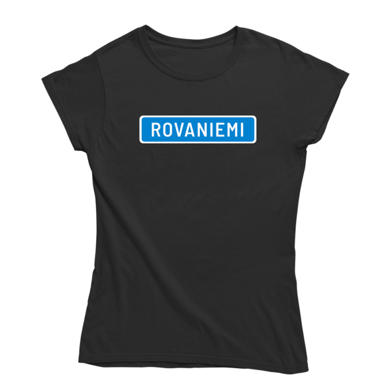 Kaikki tiet vievät Rovaniemelle. Musta Rovaniemi-aiheinen naisten Rovaniemi T-paita, pehmeä ja laadukas puuvilla. Huumoripaita jossa yhdistyy vastuullisuus ja kestävä kehitys.
