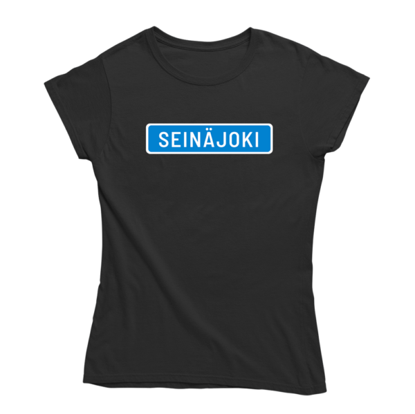 Kaikki tiet vievät Seinäjoelle. Musta Seinäjoki-aiheinen naisten T-paita, pehmeä ja laadukas puuvilla. Huumoripaita jossa yhdistyy vastuullisuus ja kestävä kehitys.