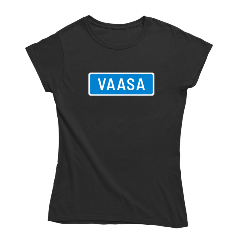 Kaikki tiet vievät Vaasaan. Musta Vaasa-aiheinen naisten T-paita, pehmeä ja laadukas puuvilla. Huumoripaita jossa yhdistyy vastuullisuus ja kestävä kehitys.