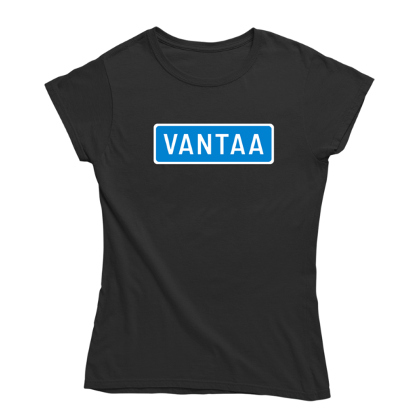 Kaikki tiet vievät Vantaalle. Musta Vantaa-aiheinen naisten T-paita, pehmeä ja laadukas puuvilla. Huumoripaita jossa yhdistyy vastuullisuus ja kestävä kehitys.