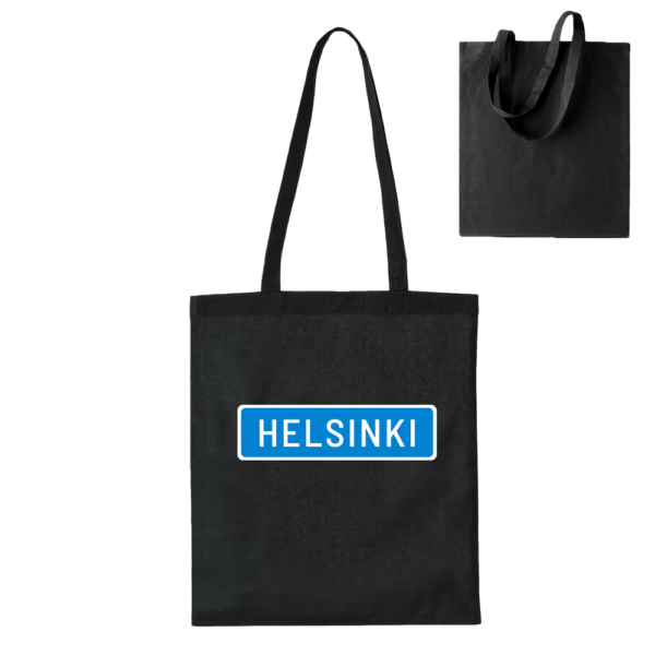 Suuntana Helsinki! Musta, kestävä ja ekologinen Helsinki kangaskassi arkikäyttöön. Puuvillakassi joka palvelee pitkään.