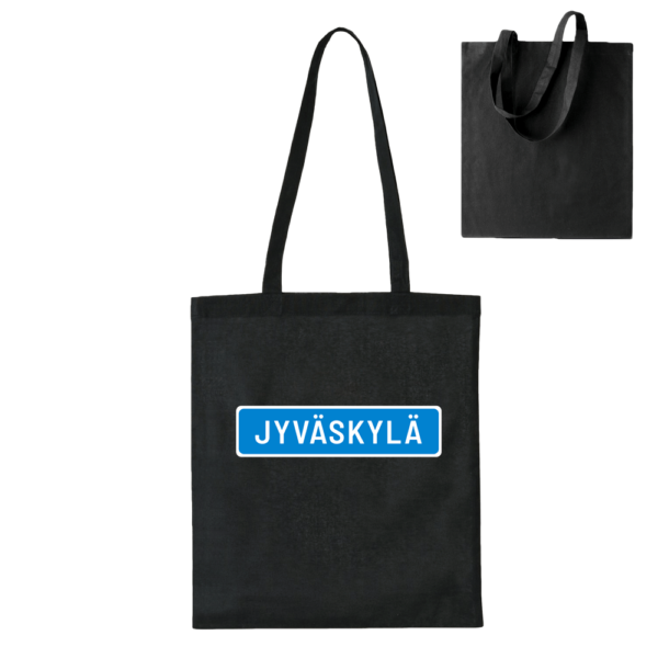 Suuntana Jyväskylä! Musta, kestävä ja ekologinen Jyväskylä kangaskassi arkikäyttöön. Puuvillakassi joka palvelee pitkään.