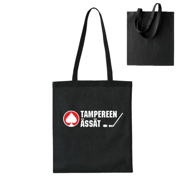 Tampere on lätkäkaupunki. Musta, kestävä ja ekologinen Tampere kangaskassi arkikäyttöön. Puuvillakassi joka palvelee pitkään.