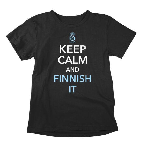 Keep calm and Finnish it -tekstipainatuksella musta hauska T-paita miehille ja naisille. Saunazilla verkkokaupan hauska huumoripaita on laadukas ja toimitetaan ilmaiseksi koko Suomeen.