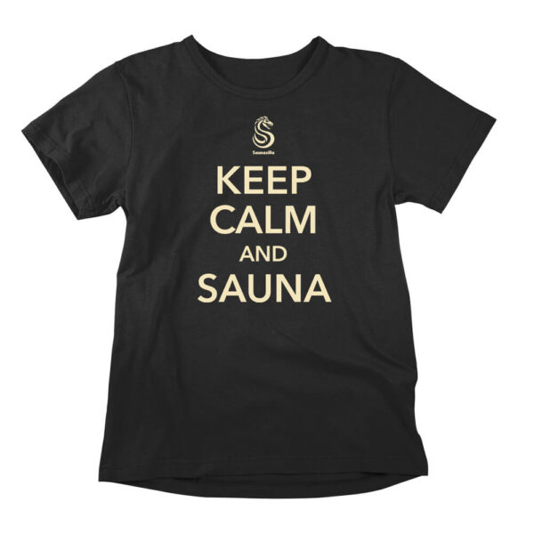 Musta hauska huumoripaita suna-aiheella, otsikolla Keep Calm And Sauna. Saunazilla huumoripaita on laadukas ja ekologinen hauska paita, joka saapuu nopealla toimituksella koko maahan.