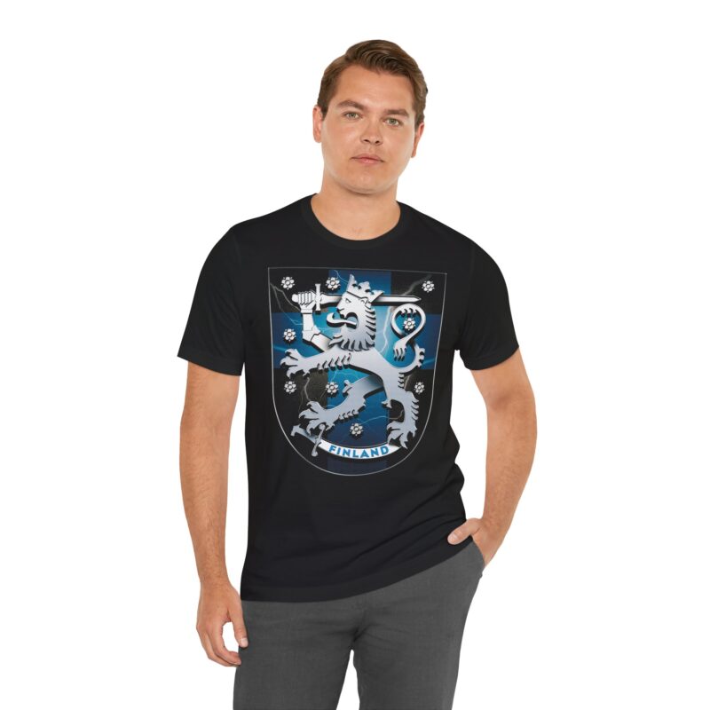Coat of Arms of Finland T-shirt for men and women. A stunning black t shirt with an iconic Finnish design brought to modern times.