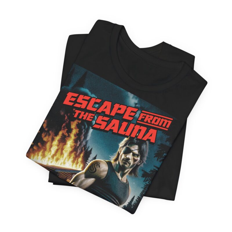 T shirt with playful design of a character escaping intense sauna heat with bold lettering
