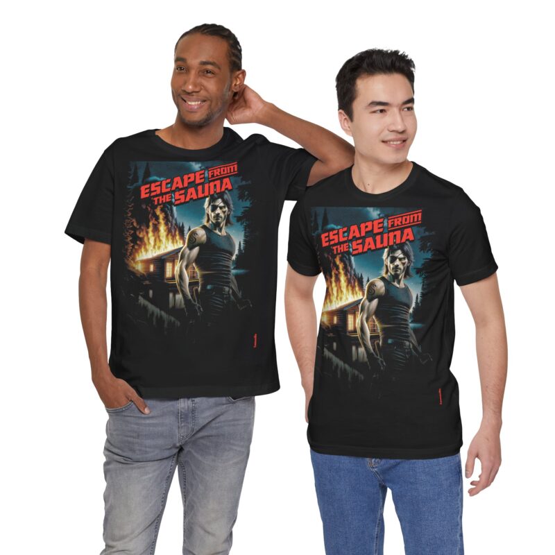 Printed shirts showcasing a cartoon figure fleeing a cloud of sauna steam in dramatic style