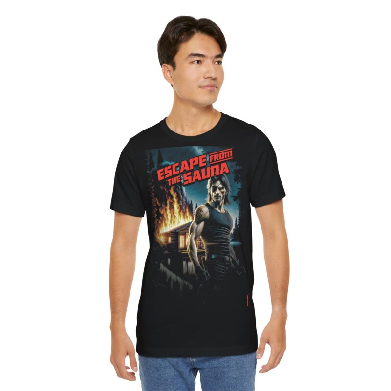 T-shirts with dynamic text and cartoon chaos illustrating a sauna escape scene
