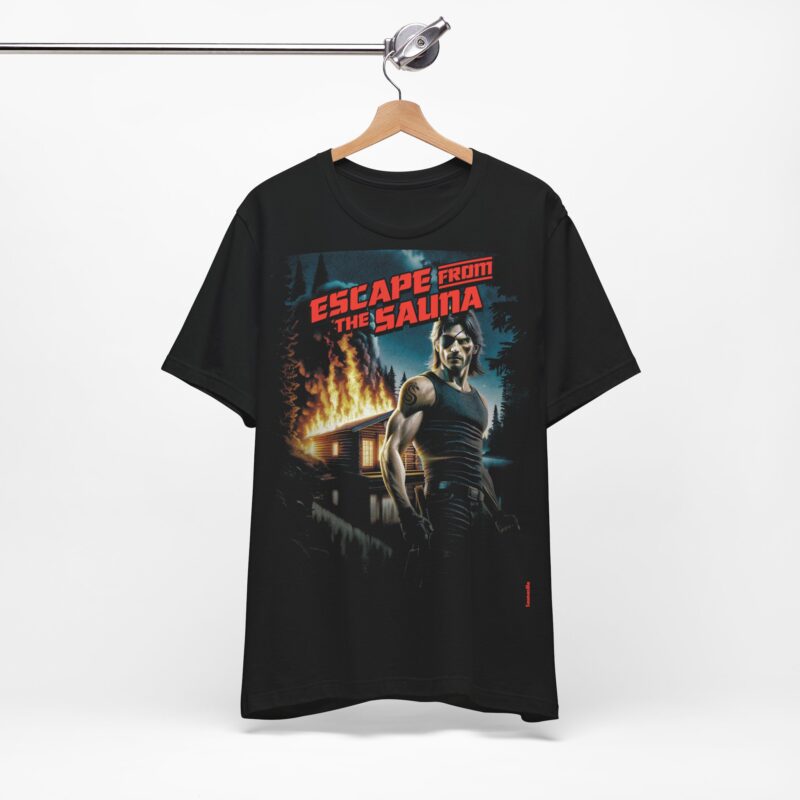 Funny tees featuring vintage VHS-style “Escape From The Sauna” slogan and steam graphics