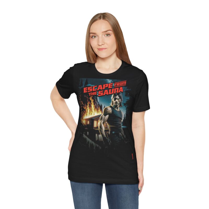 Funny t-shirt featuring the phrase “Escape From The Sauna” in bold, retro action-movie typography