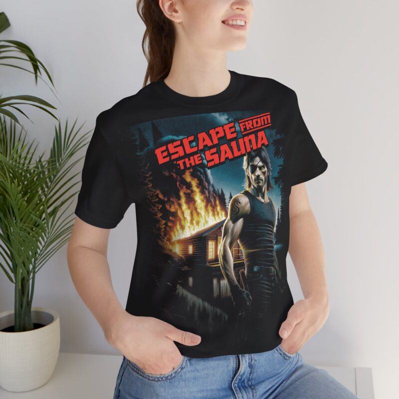 Humor shirt combining sauna culture with action movie parody in a bold layout