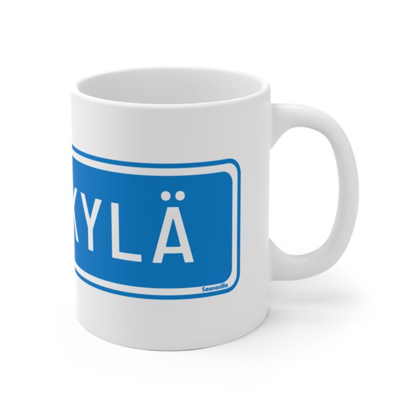 Funny coffee mug featuring a bold “Jyväskylä” road sign graphic in classic Finnish traffic sign style