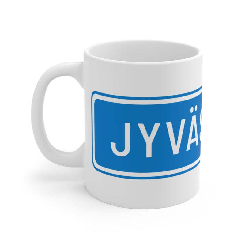 11oz funny mug showcasing a clean highway sign design with “Jyväskylä” printed prominently