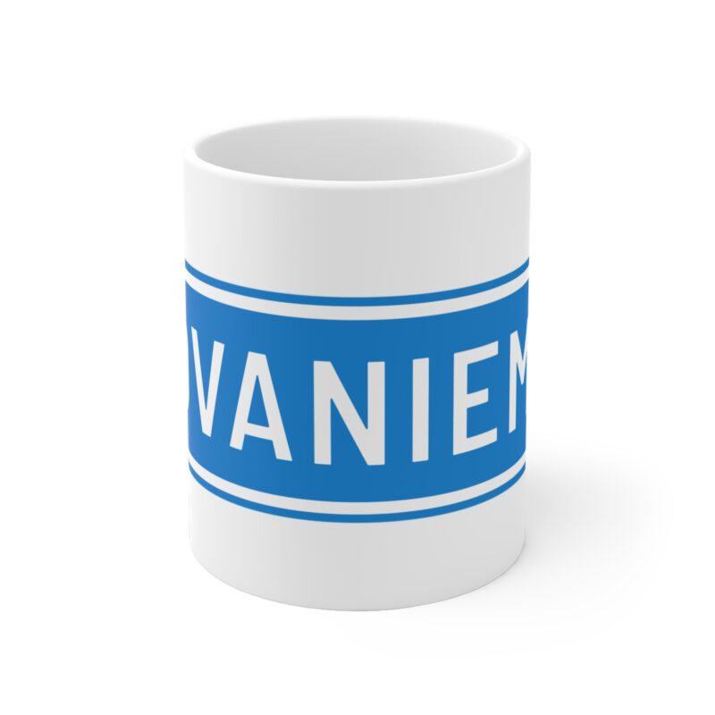 Ceramic coffee mug with minimalist blue and white directional sign reading “Rovaniemi”