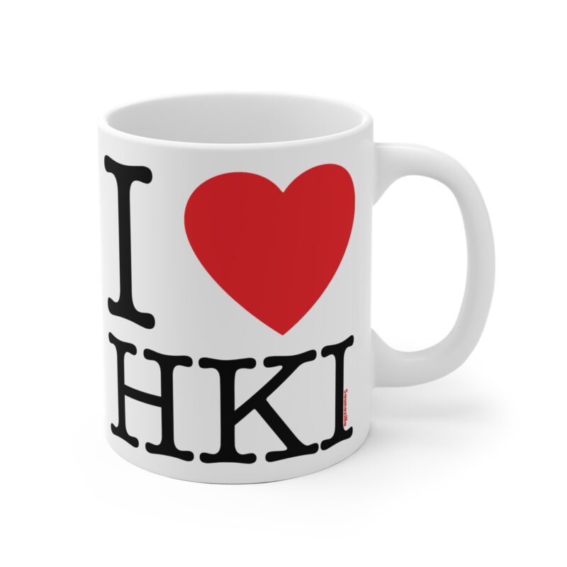 Ceramic coffee mug featuring the phrase “I Love Helsinki” with a classic red heart icon