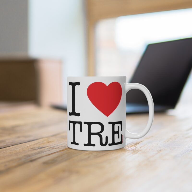 Funny coffee mug featuring “I ❤️ Tampere” printed in bold black and red on white ceramic