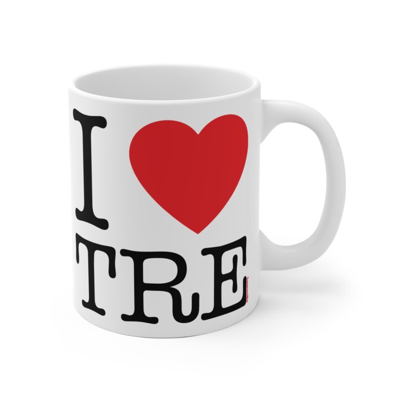 Ceramic coffee mug with classic “I Love Tampere” slogan and red heart graphic