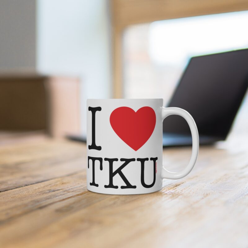 Funny coffee mug featuring “I ❤️ Turku” printed in bold black and red on white ceramic
