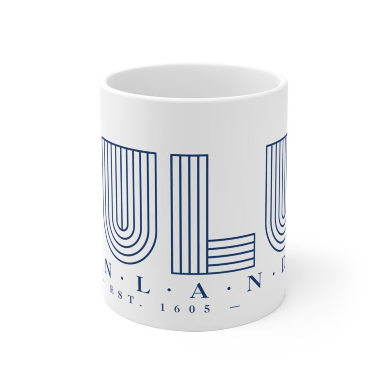 Ceramic coffee mug with minimalist design showcasing “Oulu” in clean black lettering
