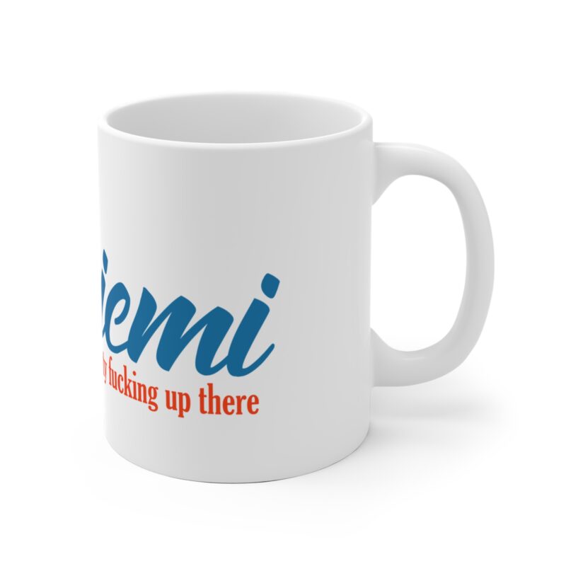 Funny coffee mug featuring the phrase “Rovaniemi – Pretty F*cking Up There” in bold, modern typography